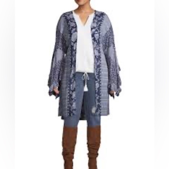 Angie Mix Print Bell Ruffle Sleeve Boho Kimono Size L - Picture 6 of 10